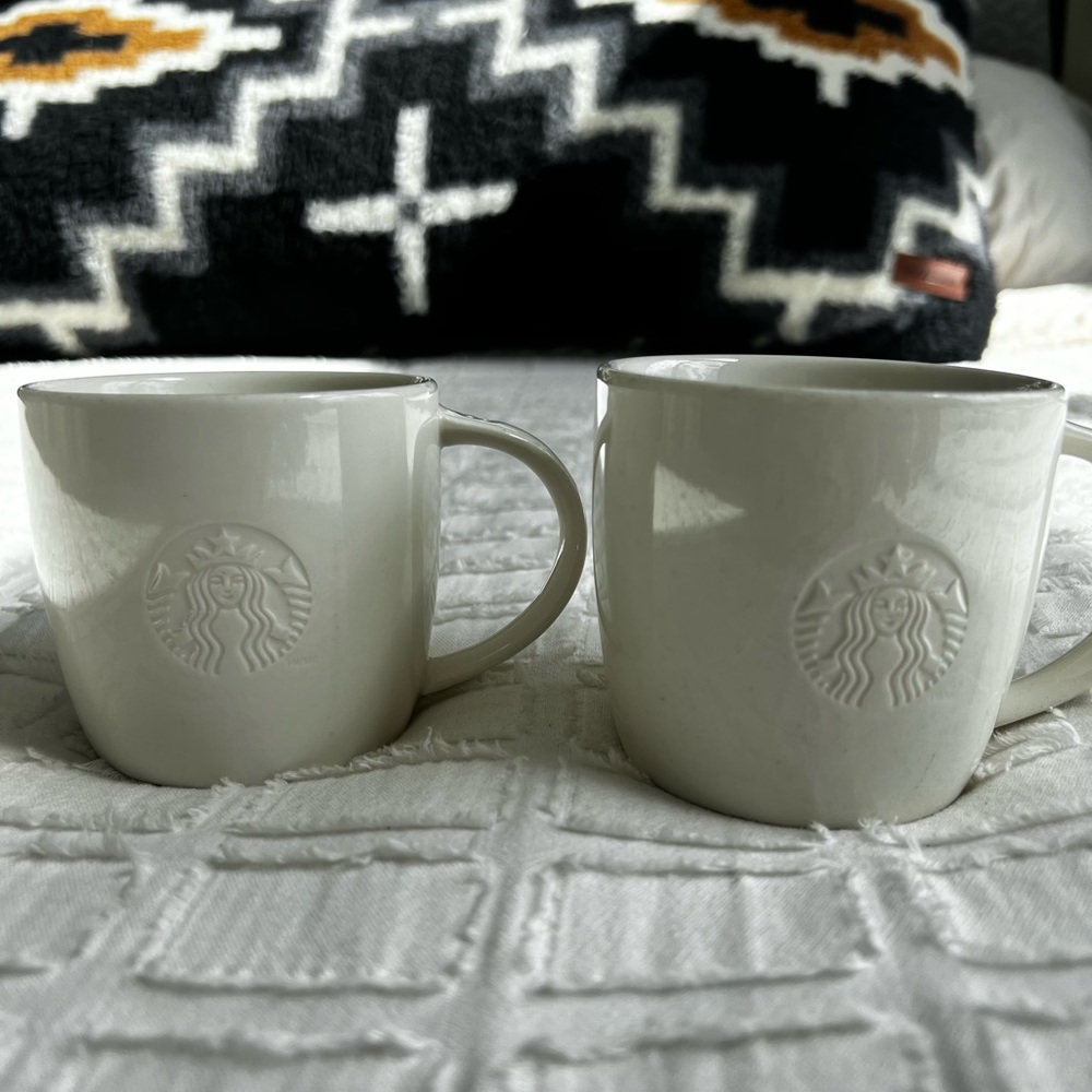 Starbucks White Embossed Logo Mugs — 2010 Bone China — Set of 2 — Short Size